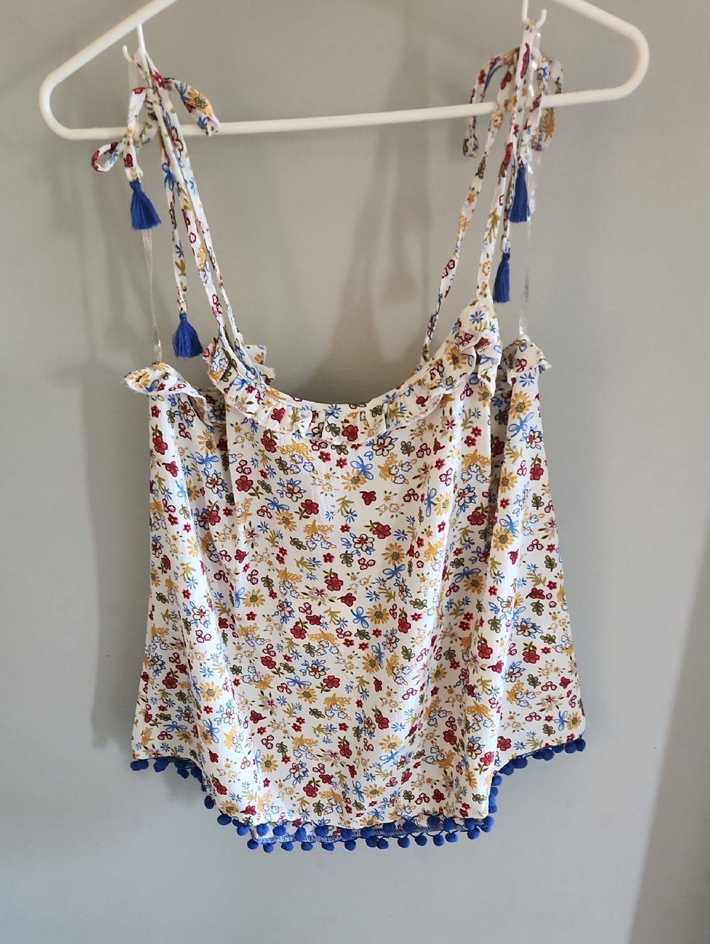 Hayden White Floral Tie-Shoulder Camisole with Blue Pom Trim